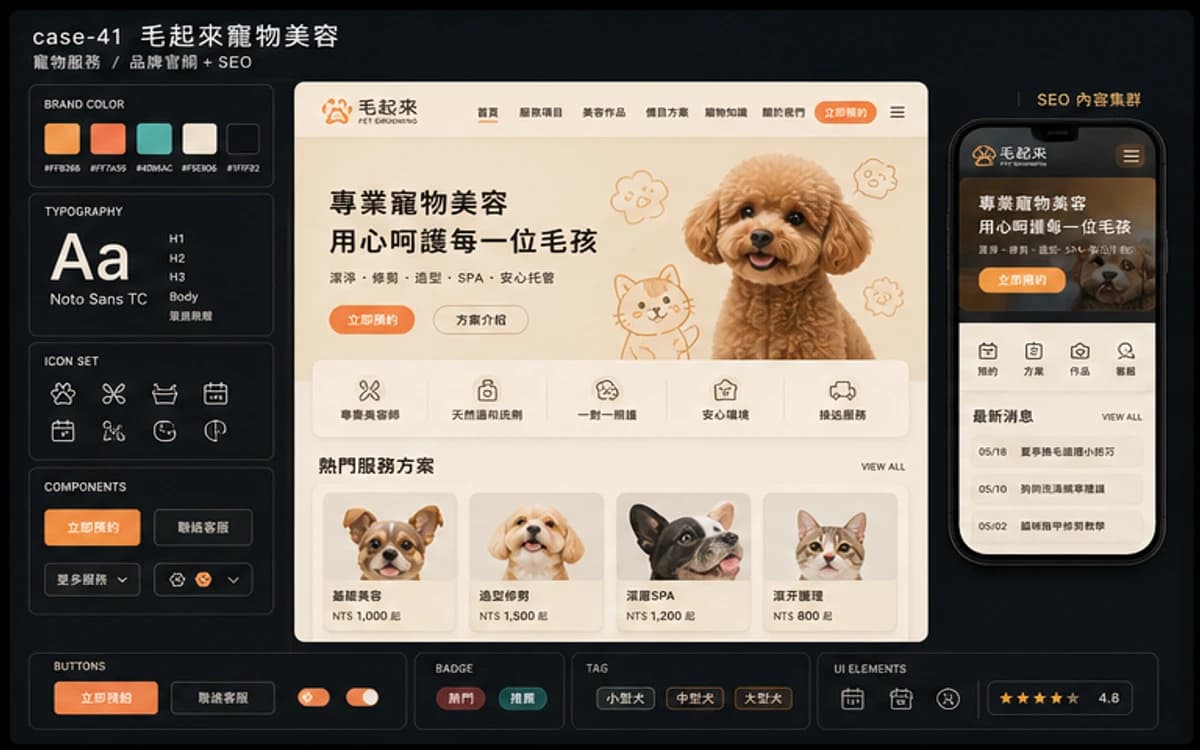 毛起來寵物美容 品牌官網 + SEO 作品介面圖