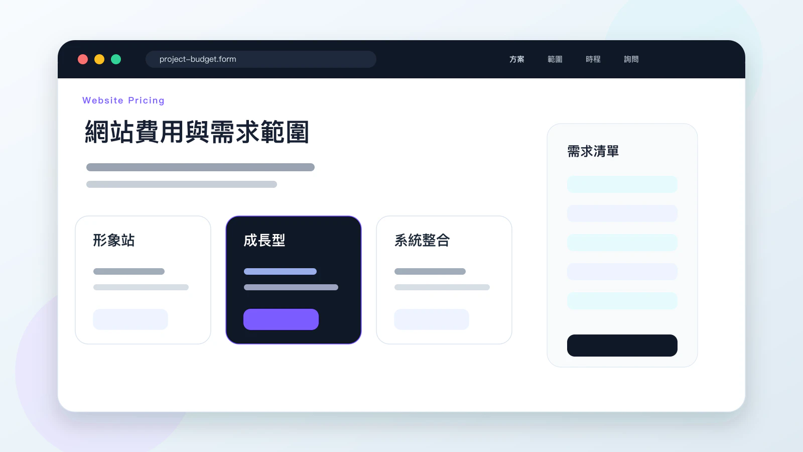 網頁設計費用頁模擬介面,呈現方案比較、需求清單與企業網站報價資訊架構